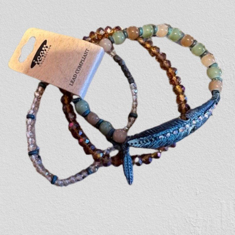Trio of Bead and Feather Stretch Bracelets  5509  NWT boutique